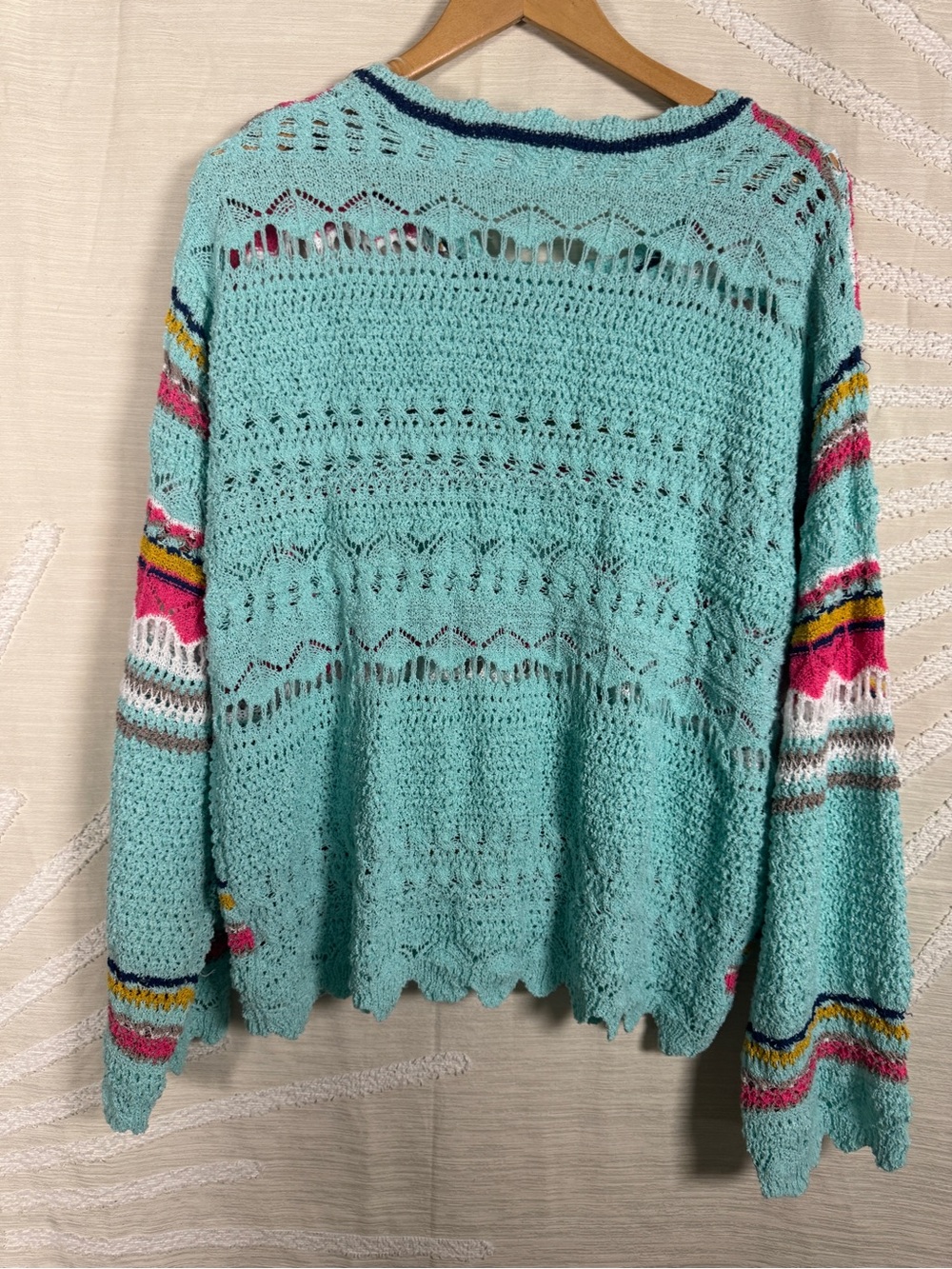 POL Women’s Medium Aqua Open Knit Striped Boho Sweater - Picture 6 of 8